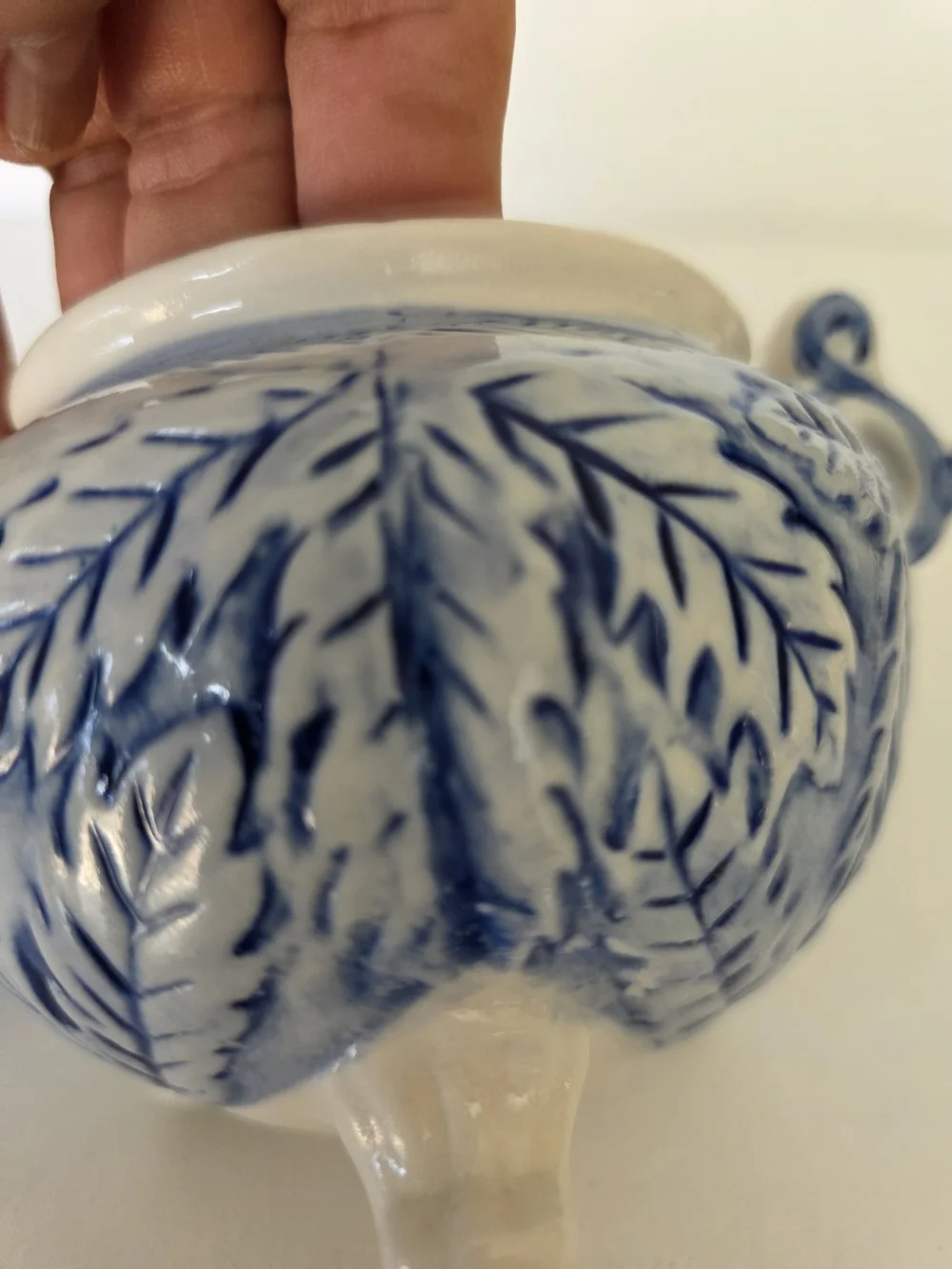 Vintage Krasna Aukro Blue and White Ceramic Lidded Sugar Jar with Leaf Motif